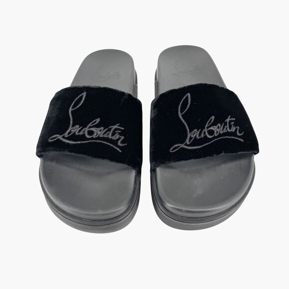 Christian Louboutin 'Navy Pool' Slide Sandals Size 37 US 7 Black Velvet Logo 30 - Picture 2 of 12